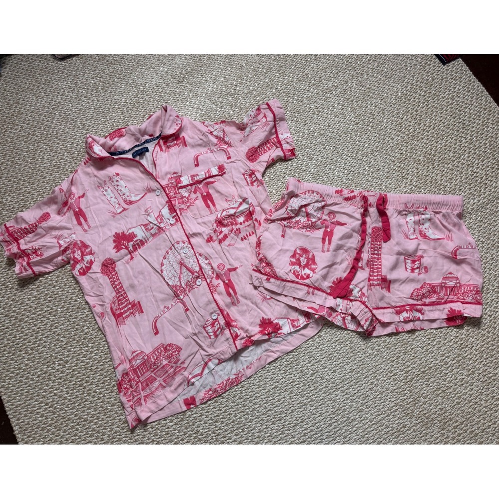 Katie Kime Dallas Toile Pajama Set Pink Short Sleeve Button Down Shorts Medium - Picture 1 of 7